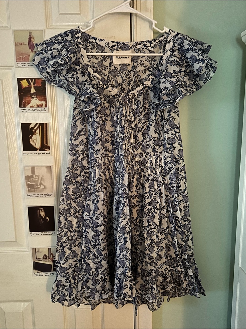 Isabel Marant Godrana Flutter-sleeve Navy and White Floral Ruffle Sundress